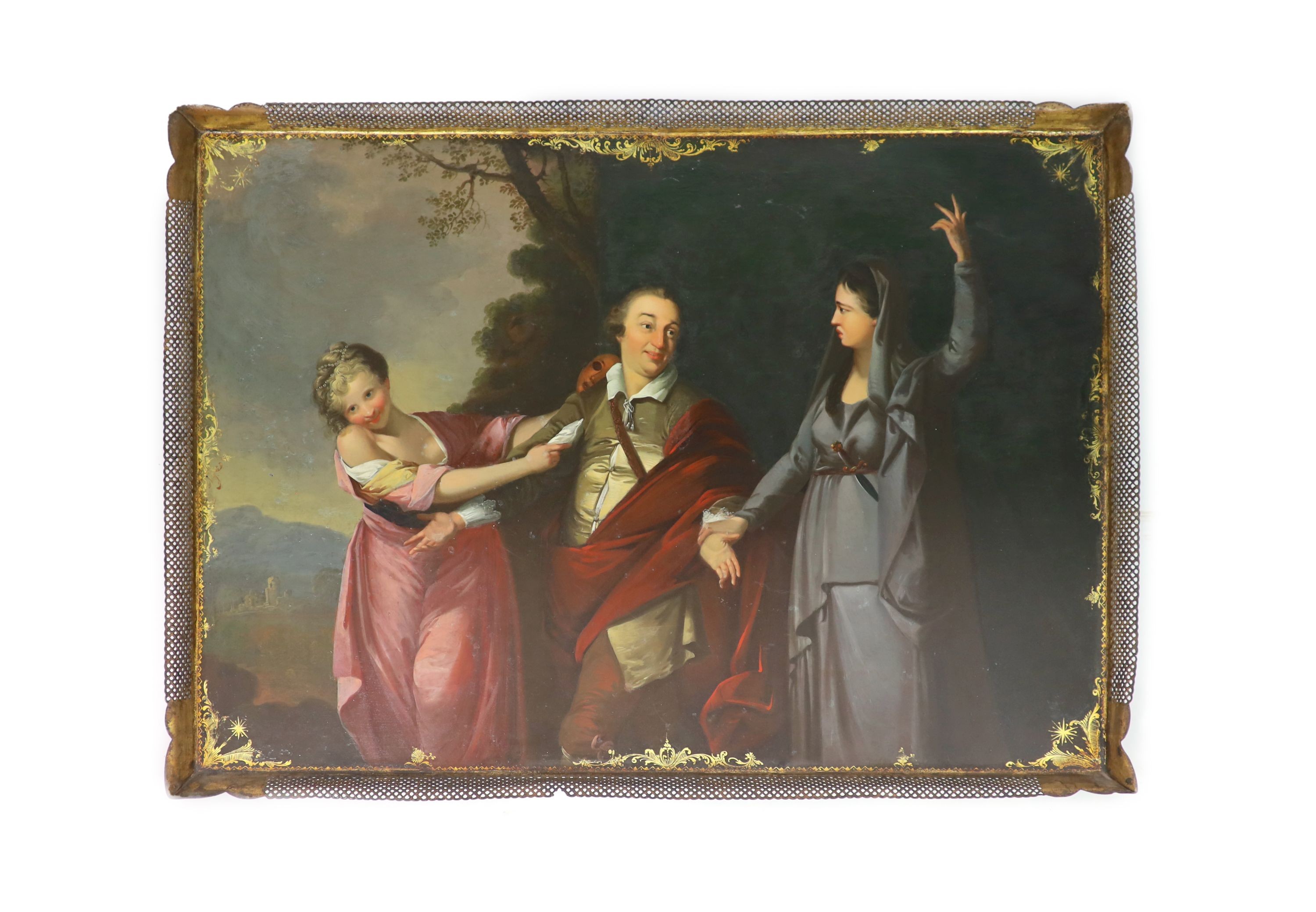 A late 18th century Pontypool japanned tinplate gallery tray painted with ‘Garrick between Comedy and Tragedy’ after Joshua Reynolds, 77 x 55cm.